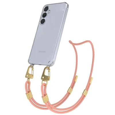 Abbildung von EAZY CASE Handykette mit Karabiner kompatibel Samsung Galaxy S24 Plus Hülle Silikon transparente Handyhülle für Kette zum Umhängen Schutzhülle in Korall Clips Gold
