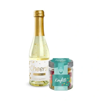 Abbildung von 2er Set Gold Secco Cheers! und Fruchtgummi Konfetti 120g Sekt Schaumwein Blattgold Party Geschenk Silvester Perfekt für festliche Anlässe Exklusive Geschenkidee