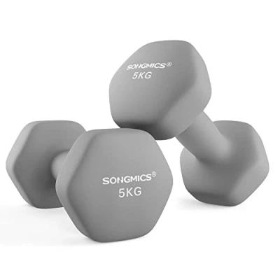 Abbildung von SONGMICS Hanteln, 2er Set, 2 x 5 kg, Hantelset, Kurzhanteln, Hexagon, Neopren Beschichtung, Krafttraining, Workout, Fitnesstraining, für Zuhause, taubengrau SYL910G01