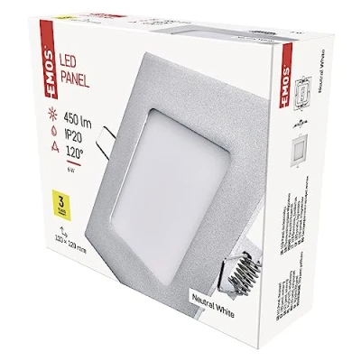 Abbildung von EMOS LED Einbauleuchte 6W mit Driver, ultraflacher quadratischer Einbaustrahler / Panel, Abmessungen 120x120x21 mm, Ersatz für 40W Glühbirne, Lichtfarbe neutralweiß 4000 K, Helligkeit 450 lm