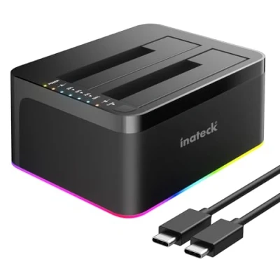 Abbildung von Inateck Festplatten Dockingstation RGB USB C Port mit Offline Klonen, für 2,5/3,5 Zoll SATA HDDs und SSDs, 2 x 20TB Dual Bay Docking Station, UASP unterstützt
