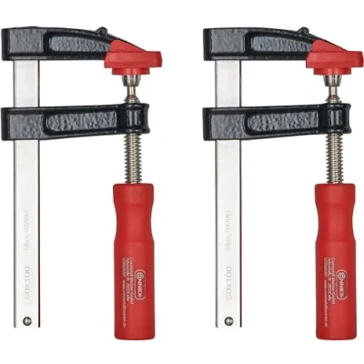 Abbildung von Connex Bastler Schraubzwinge 100x50mm 2 Stück rot/schwarz/chromfarbig vernickelte flache Stahlschiene A3 Stahl 15x4mm mit Kunststoff Schutzkappe Kunststoffgriff/Schraubzwingen Set/COXT865210