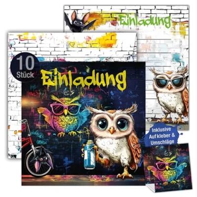 Abbildung von TOBJA 10x Einladungskarten Kindergeburtstag Mädchen &amp; Jungen Graffiti Eulen Design XXL 15 x cm mit Stickern Umschlägen Geburtstagseinladungen für Teenager Kinder (inkl. Umschläge)