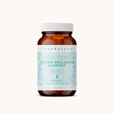 Abbildung von InnoNature Vegan Kollagen Support Kapseln natürlich aus Fermentation von Mais und Hagebutte 60 mit insgesamt 18 Aminosäuren glutenfrei, vegan, pflanzlich