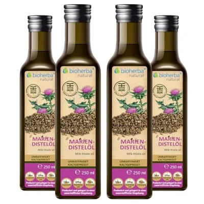 Abbildung von 4 Stk. Mariendistelöl Kaltgepresst Bio 250 ml by BIOHERBA Hochwertiges Unraffiniertes Öl für Maximale Nährstoffdichte