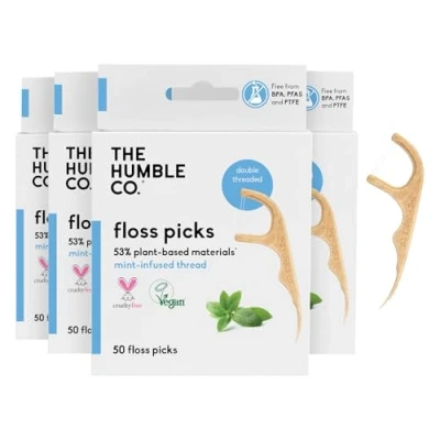 Abbildung von The Humble Co. Pflanzliche Zahnseidesticks Frische Minze Umweltfreundlich, Vegan, Zuckerfrei, von Zahnärzten empfohlen Entfernt Plaque und Verleiht ein Frisches Gefühl (4 x 50p)