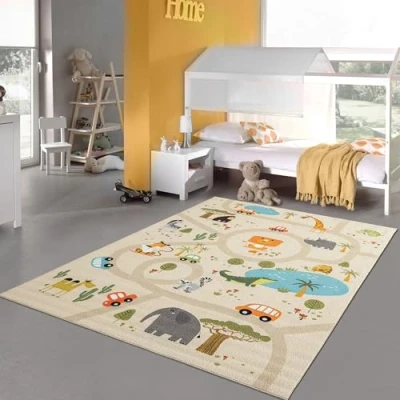 Abbildung von Teppich Traum Kinderteppich Kinderzimmer Spielteppich Spielmatte Safari Straßenteppich rutschfest beige 140 x 200 cm