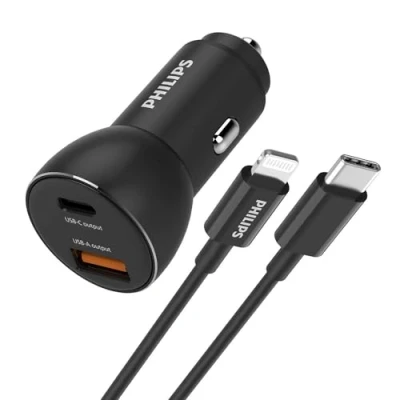 Abbildung von PHILIPS DLP2521L/00 Autoladegerät mit USB A und C Anschlüss Lightning Kabel für iPhone to 1 Meter Schwarz
