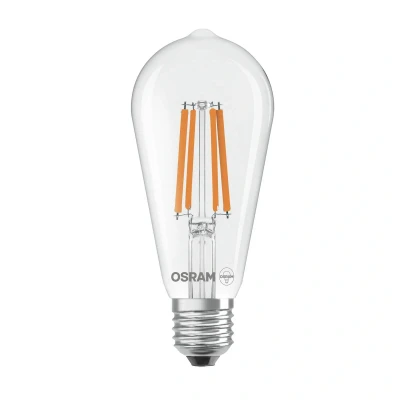 Abbildung von OSRAM Energy Class LED Lampe in klassischer Edisonform, 3.8 W / 806 lm, EEK A, kaltweißes Licht (4000 K), CRI 80, aus klarfarbenem bleifreiem Glas, E27 Sockel, IP20, 64 mm Durchmesser.