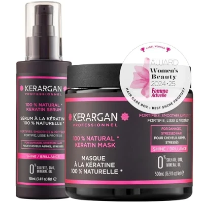 Abbildung von Kerargan Duo Maske und Serum mit Keratin für strapaziertes gestresstes Haar Stärkt, Nährt Schützt Ohne Sulfate, GVO, Mineralöle 500ml + 100ml
