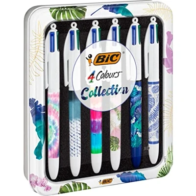 Abbildung von BIC 4 Colours Decors Messages or Botanical Collection und Tie &amp; Dye Kugelschreiber mittlere Spitze (1,0 mm) zufällige sortierte Designs, wiederverwendbare Box mit 6 Stück
