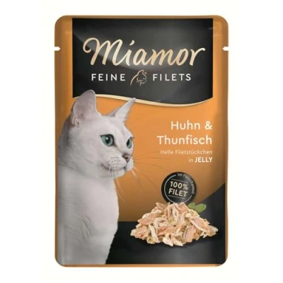 Abbildung von MIAMOR Feine Filets in Jelly Nassfutter für ausgewachsene Katzen mit Filetstückchen Jelly. Fettarmes Ergänzungsfutter im Frischebeutel ohne Zusatzstoffe 24x100g Huhn &amp; Thunfisch
