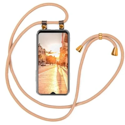 Abbildung von moex Handykette kompatibel mit Samsung Galaxy A12 Hülle Band Längenverstellbar, Handyhülle zum Umhängen, Silikon Case Transparent Kordel Schnur abnehmbar in Gold