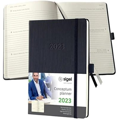 Abbildung von SIGEL C2312 Terminplaner Wochenkalender 2023 ca. A5 schwarz Hardcover 192 Seiten Gummiband, Stiftschlaufe, Archivtasche PEFC zertifiziert Conceptum
