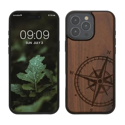 Abbildung von kwmobile Hülle kompatibel mit Apple iPhone 16 Pro Max Holz Case Handy Cover TPU Handyhülle in Dunkelbraun Kompass Vintage