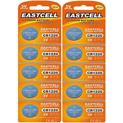 Abbildung von 10 x CR1220 3V 40 mAh Lithium Knopfzelle (2 Blistercards a 5 Batterien) EINWEG Markenware EASTCELL