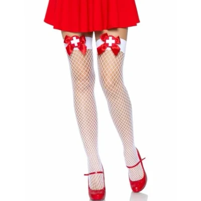 Abbildung von Leg Avenue Overknees Halterlose Netzstrümpfe mit Krankenschwester Schle Sinnlich verführerisches Accessoire, das Stil und Eleganz vereint