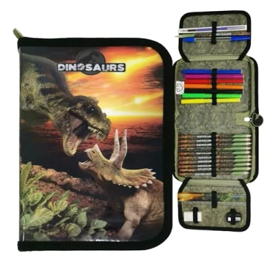 Abbildung von Theonoi Federmäppchen Federtasche Federmappe Mäppchen Etui 2 Fach Doppeldecker Schüleretui Stifteetui GEFÜLLT (Dinosaurier Dino)