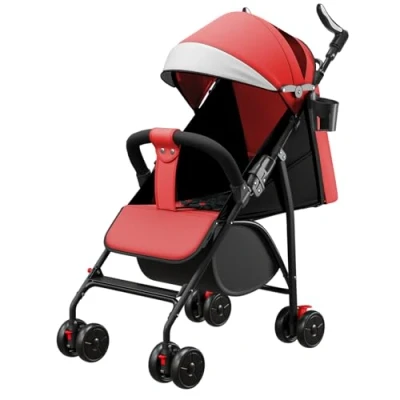 Abbildung von Kinderwagen für Babys, ultraleicht, kompakt, faltbar und neigbar, von Geburt bis 25 kg, mit Trolley System, Regenschutz inklusive, ausziehbarem Haube, Rot
