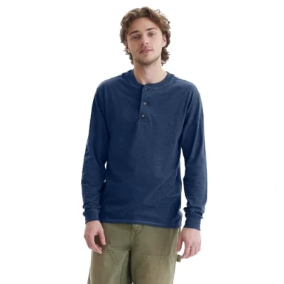 Abbildung von Hanes Herren T Shirts, Beefyt Henley Baumwolle Langarmhemden Hemd, Marineblau meliert, XX Large