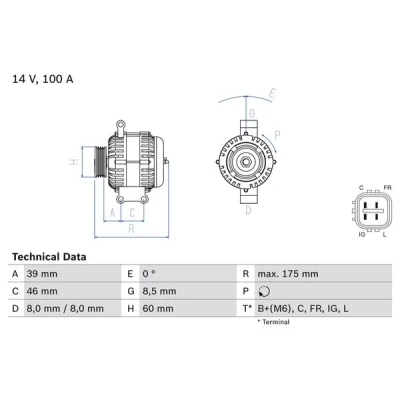Abbildung von BOSCH 0 986 082 420 Lichtmaschine 14V 100A HONDA: CR V 3, Accord 7 Limousine, CIVIC 8 Hatchback