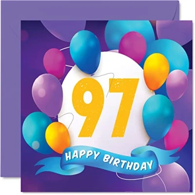 Abbildung von Stuff4 Geburtstagskarte zum 97. Geburtstag für Männer und Frauen Ballon Party Happy Birthday Cards 97 Jahre alte Mann, Frau, Großvater, Opa, Oma, Mama, Papa, 145 mm x