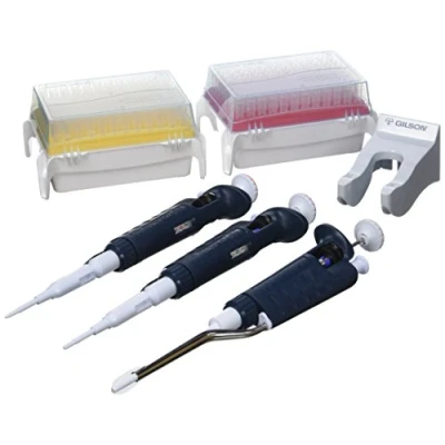 Abbildung von Gilson PIPETMAN Micro Volume Kit mit P2G, P10G, P100G Mikrolieterpipetten und Pipettenspitzen, Mehrfarbig