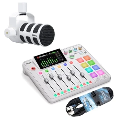 Abbildung von RØDE Rode Rodecaster Pro II Weiss mit Podmic und Kabel Digitales Aufnahmegerät