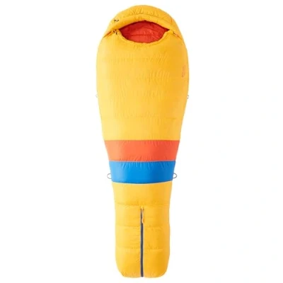 Abbildung von Marmot Never Summer, Mumienschlafsack für Erwachsene, Entendaunen mit 650er Bauschkraft, sehr leicht und warm, 183 cm, geeignet bis 36 C, Solar/Red Sun, cm