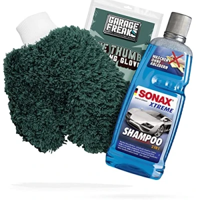 Abbildung von detailmate Auto Waschhandschuh Waschset Garage Freaks + Autoshampoo SONAX 2in1 Reinigungsmittel (Autowäsche Reinigungs Set Mikrofaser Reinigung)
