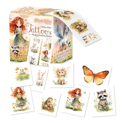 Abbildung von Lutz Mauder hautfreundliche Kinder Tattoo Meter Box mit 24 Tattoos, Kindertattoos Made in Germany, wiederablösbare Hauttattoos tollen TapirElla Elfenprinzessin Motiven, selbstverständlich ungiftig