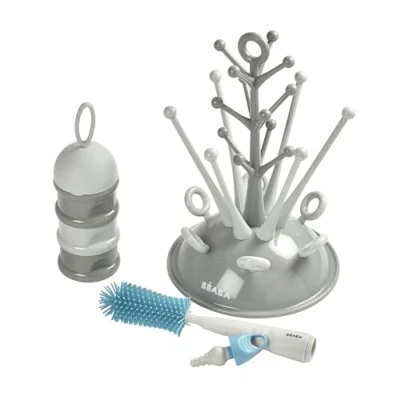 Abbildung von BÉABA, Baby Geschenkset zur Geburt, Trockenständer für Babyflaschen, geräumig, Milchpulver Portionierer, stapelbar, Flaschenbürste aus Silikon, Babylätzchen 100% Baumwolle, Motiv Tropical
