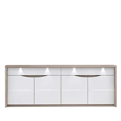 Abbildung von FORTE Saint Tropez Kommode mit 4 Türen, 2 Schubkästn, Holzwerkstoff, Weiß Glanz kombiniert Sandeiche, 52,7 x 227,1 84,4 cm