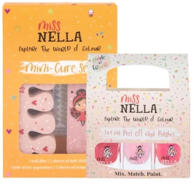 Abbildung von Miss Nella NAGELKIT &amp; PINK GLITTER ATTAC Nagelzubehör für Kinder 3 abziehbare Nagellacke, Nagelaufkleber, Tattoos, Nagelfeile Zehenspreizer speziell gefertigt Kinderhände, und Füße.