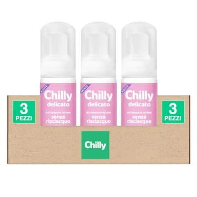 Abbildung von Chilly Sanfter Intimreiniger aus Mousse ohne Ausspülen Schutzwirkung und Geruchshemmend mit Thymian Salbei Schnelle Hygiene pH 5 Tägliche Anwendung gynäkologisch getestet 3 Flaschen à 100 ml