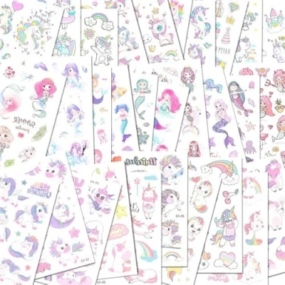 Abbildung von ACWOO Einhorn Tattoo Kinder, 30 Blätter 350 Stücke Meerjungfrau Tattoos Set, Wasserdichte Kindertattoos Aufkleber, Temporäre für Mädchen Jungen Kindergeburtstag Mitgebsel Party
