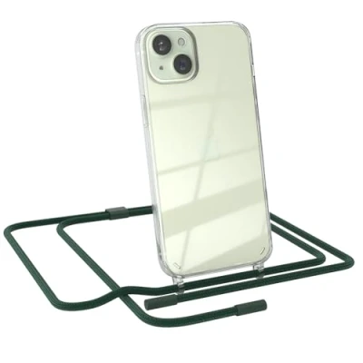 Abbildung von EAZY CASE Handykette kompatibel mit iPhone 15 Plus dünne Handyhülle für Hülle Band als Fallschutz Kette zum Umhängen transparente Silikon in Pinien Grün