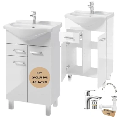 Abbildung von Deftrans Waschbecken mit unterschrank stehend Badmöbel Set 85x55x30 cm, weißer Hochglanz, Waschbeckenunterschrank und Armatur klick Stecker, Badezimmer waschbeckenschrank