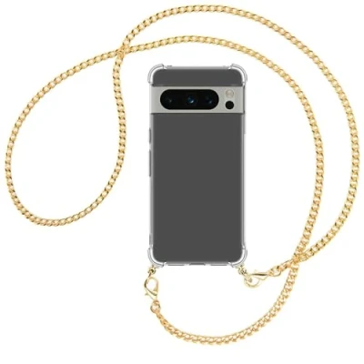 Abbildung von mtb more energy® Handykette kompatibel mit Google Pixel 8 Pro Metallkette (Gold) Smartphone Hülle zum Umhängen Anti Shock Full TPU Case