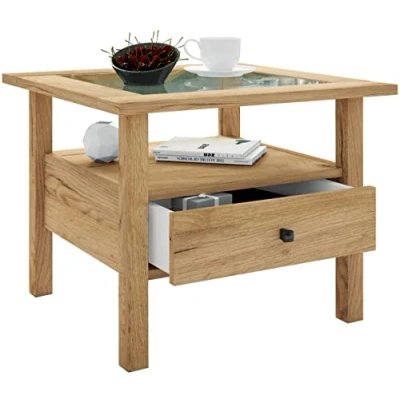 Abbildung von VCM Holz Beistelltisch mit ESG Sicherheitsglas Couchtisch schlicht Maße ca. H. 42 x B. 54 T. cm Wohnzimmertisch Schublade Sofatisch Lingis M Honig Eiche