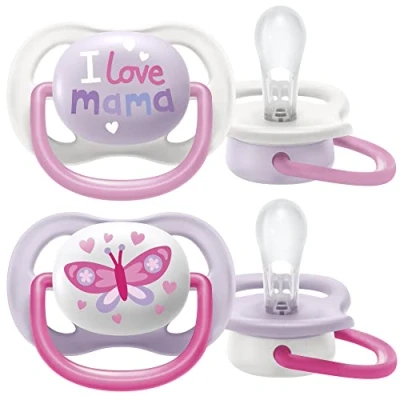 Abbildung von Ultra Air Philips Avent Schnuller für Kinder von 0 bis 6 Monaten, orthodontisch und ohne Bisphenol A, 2 Stück, inkl. Sterilisator/Tragetasche SCF080/02