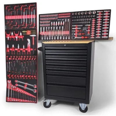Abbildung von DeTec. Werkstattwagen Designer Edition Werkzeugwagen gefüllt mit Werkzeug Werkzeugschrank rollbar Werkzeugkiste Holzplatte Werkzeugkasten Schaumstoff Werkzeugeinlegern in rot