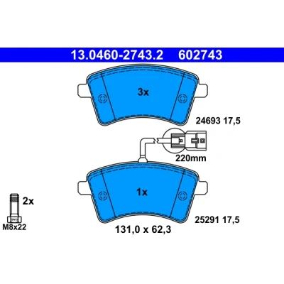Abbildung von ATE 13.0460 2743.2 Bremsbelagsatz mit integriertem Verschleißwarnkontakt Bremssattelschrauben RENAULT: Kangoo II Express, / Grand