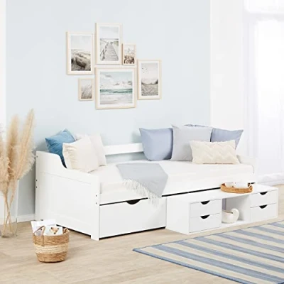 Abbildung von Homestyle4u Holzbett 90x200 Kojenbett cm Stauraumbett Kinderbett Weiß (inkl. Lattenrost und Schubladen als Stauraum)