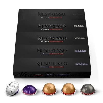 Abbildung von NESPRESSO VERTUO, Auswahl an Decaffeinato Kaffees, Signature Kaffee (230ml), Gran Lungo (150ml) und Espresso (40ml), Kompatibel mit VERTUO Kapselmaschinen, Kapsel Set aus 50 Kaffeekapseln