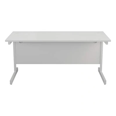 Abbildung von Office Hippo Strapazierfähiger rechteckiger Büroschreibtisch mit Tragebalken, PC Tisch für Büro oder Heimbüro, integriertem Kabelkanal, weißes Gestell, Top Platte in Weiß, 140 cm x 80