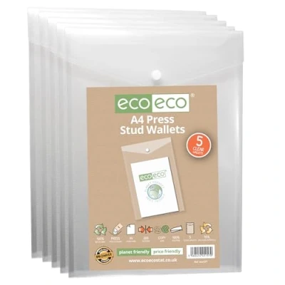 Abbildung von eco eco157 Sichthülle mit Druckknopf, A4, 50% recycelt, transparent, Hochformat, Kunststoff, 330 x 235 mm, 5 Stück, 200 mic,