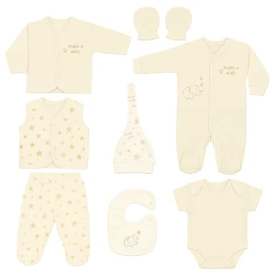 Abbildung von Blue Eyes Neugeborenen Baby Geschenk Set 100% natürliche Baumwolle Erstausstattung Ausstattung Unisex Kleidung Geschenkset Babyausstattung für Babys 0 4 Monate 8 teilig (Stern Creme)
