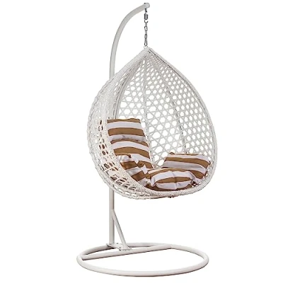 Abbildung von RAMROXX Hängesessel Luxus Style XXL Rattan Korb und Gestell Weiss mit Kissen Braun