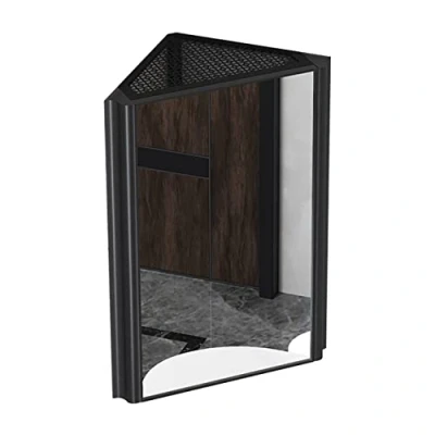 Abbildung von Badezimmer Eckspiegelschrank, Dreieckiger Aluminium Spiegelschrank, Wandmontierter Toilettenartikel Spind Platzsparend (Color : Black, S 33 * 63cm)